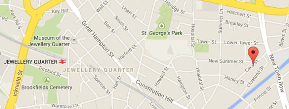 The red pin shows the location of where Caroline was living in 1861, just a stone's throw from the Jewellery Quarter.