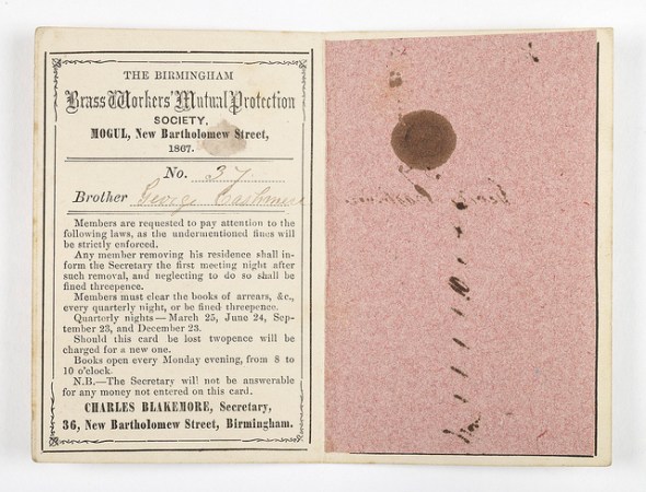 Document from the Brassworkers Mutual Protection Society. A Coffin Furniture trade union did not exist until the late 1890s, so many workers engaged in this labour force would have most likely have been members of Brassfounders' trade unions like this one, and the later Brassfounders trade union on Lionel street, just one street away from Newman Brothers. © Birmingham Museums Trust. 